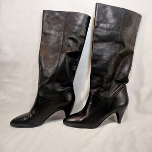 9 West Vintage Black Leather Tall Boots; Pointed Toe Kitten Heel Brazil Size